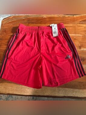 NEW Adidas Men’s Bright Red Athletic Shorts with Black Stripes Size Medium